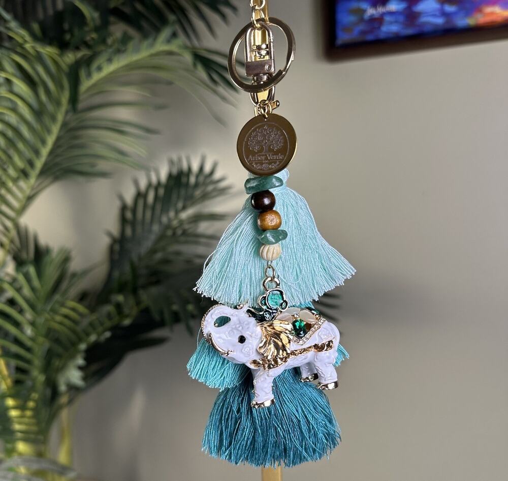 Bag Charm Keychain Elephant boho 3 tier tassel Arbor Verde Custom East West